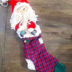 Vintage Fun World Red Plaid Santa Plush Decorative Christmas Stocking